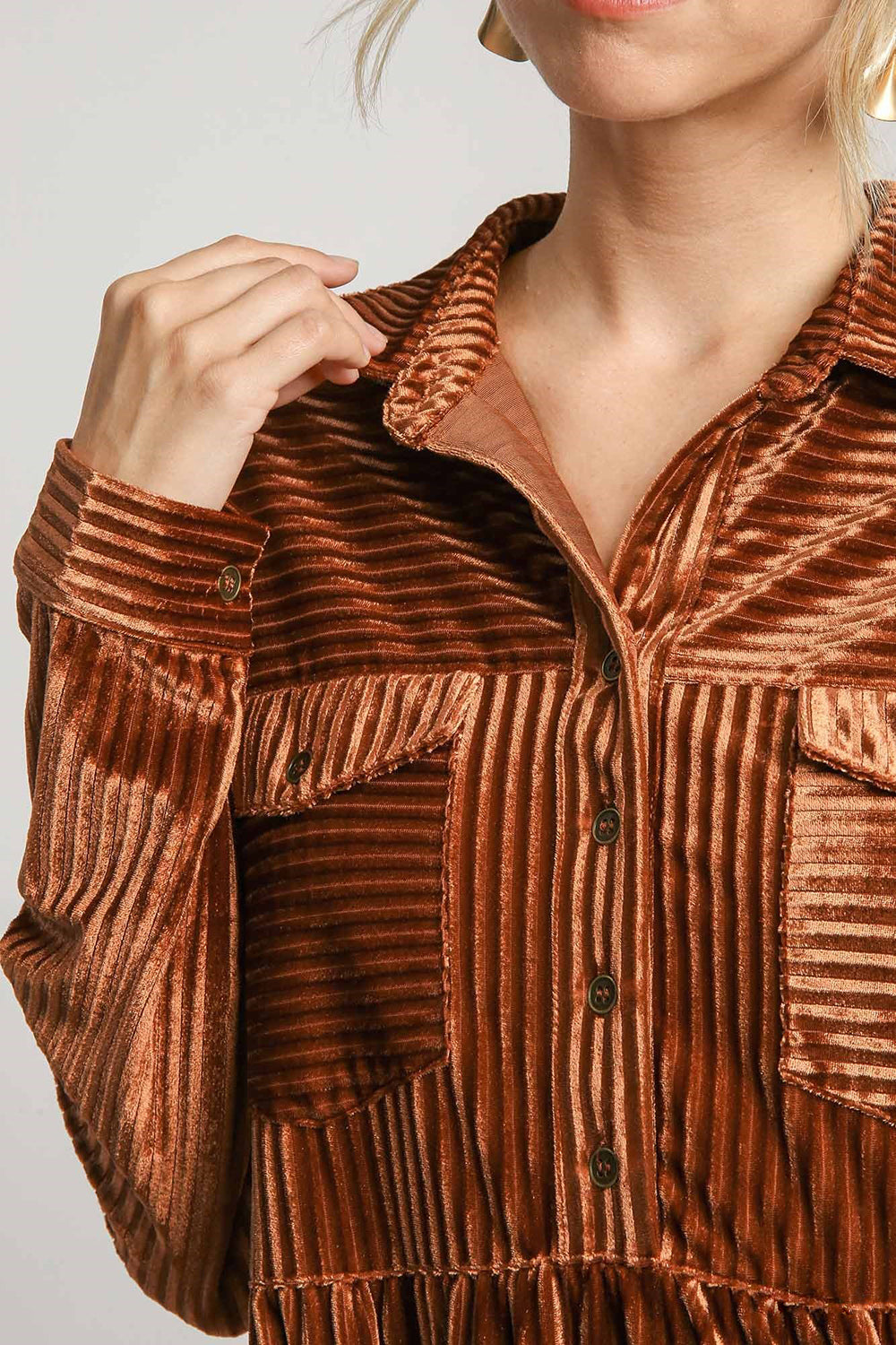 Umgee Texture Tiered Collared Long Sleeve Dress Trendsi