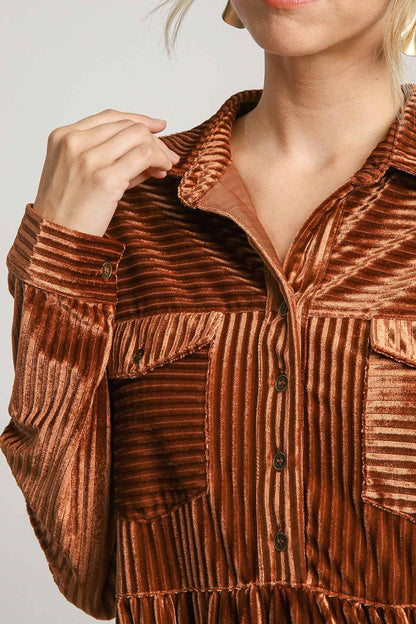 Umgee Texture Tiered Collared Long Sleeve Dress Trendsi