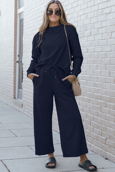 Double Take Full Size Textured Long Sleeve Top and Drawstring Pants Set  DAME BOHEME