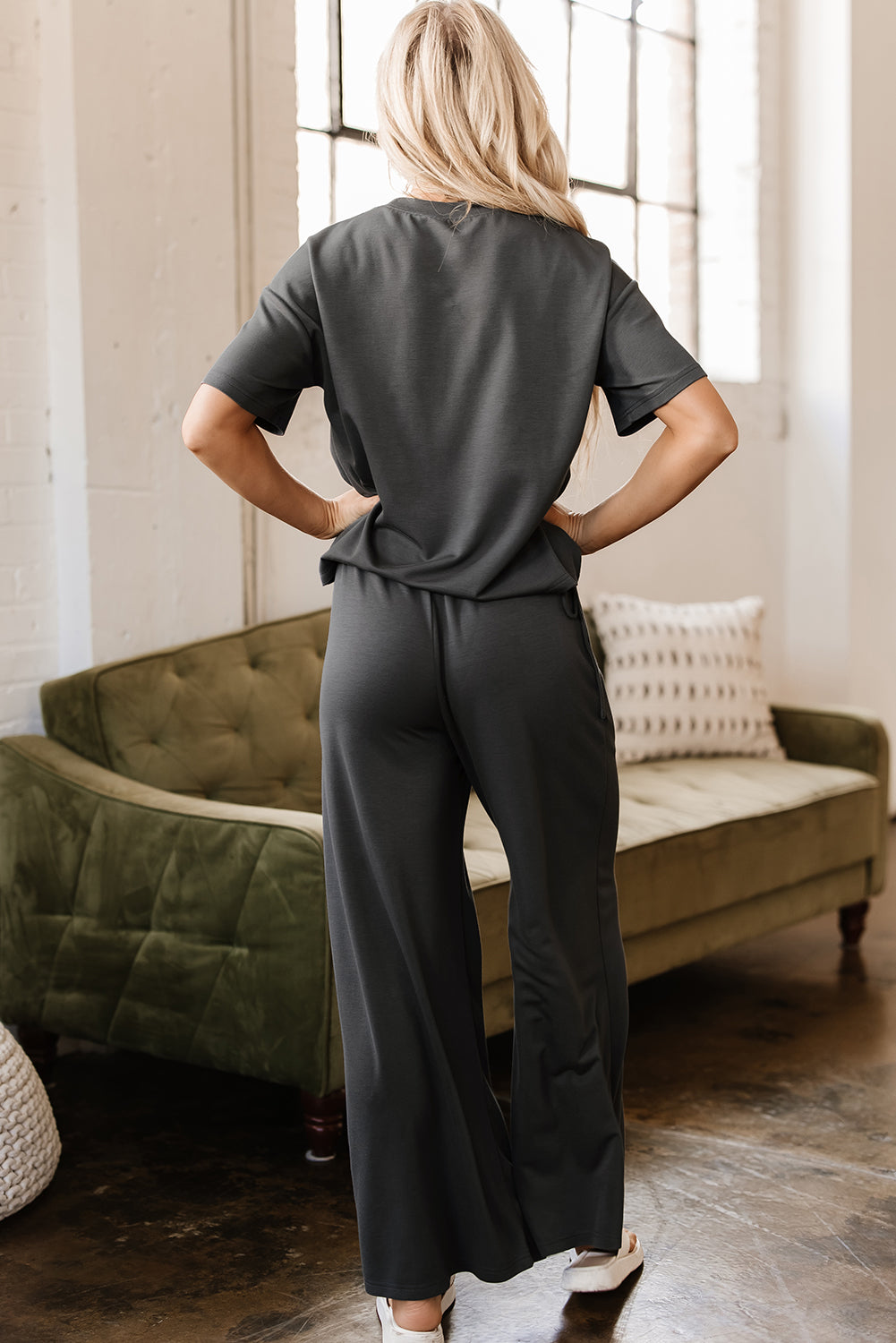 Dallas Drawstring Side Crewneck Tee and Loose Pants Set  DAME BOHEME