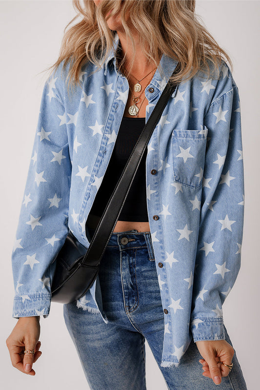Star Light Wash Raw Hem Denim Jacket  DAME BOHEME