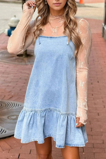 Bow Detail Spaghetti Straps Ruffle Hem Denim Dress Simply Love