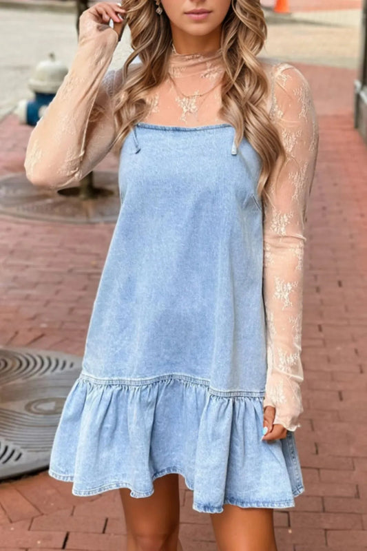 Bow Detail Spaghetti Straps Ruffle Hem Denim Dress Simply Love