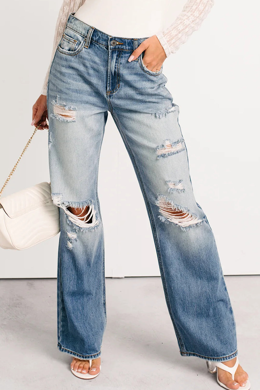 Myosotis Mid Rise Distressed Straight Leg Jeans  DAME BOHEME