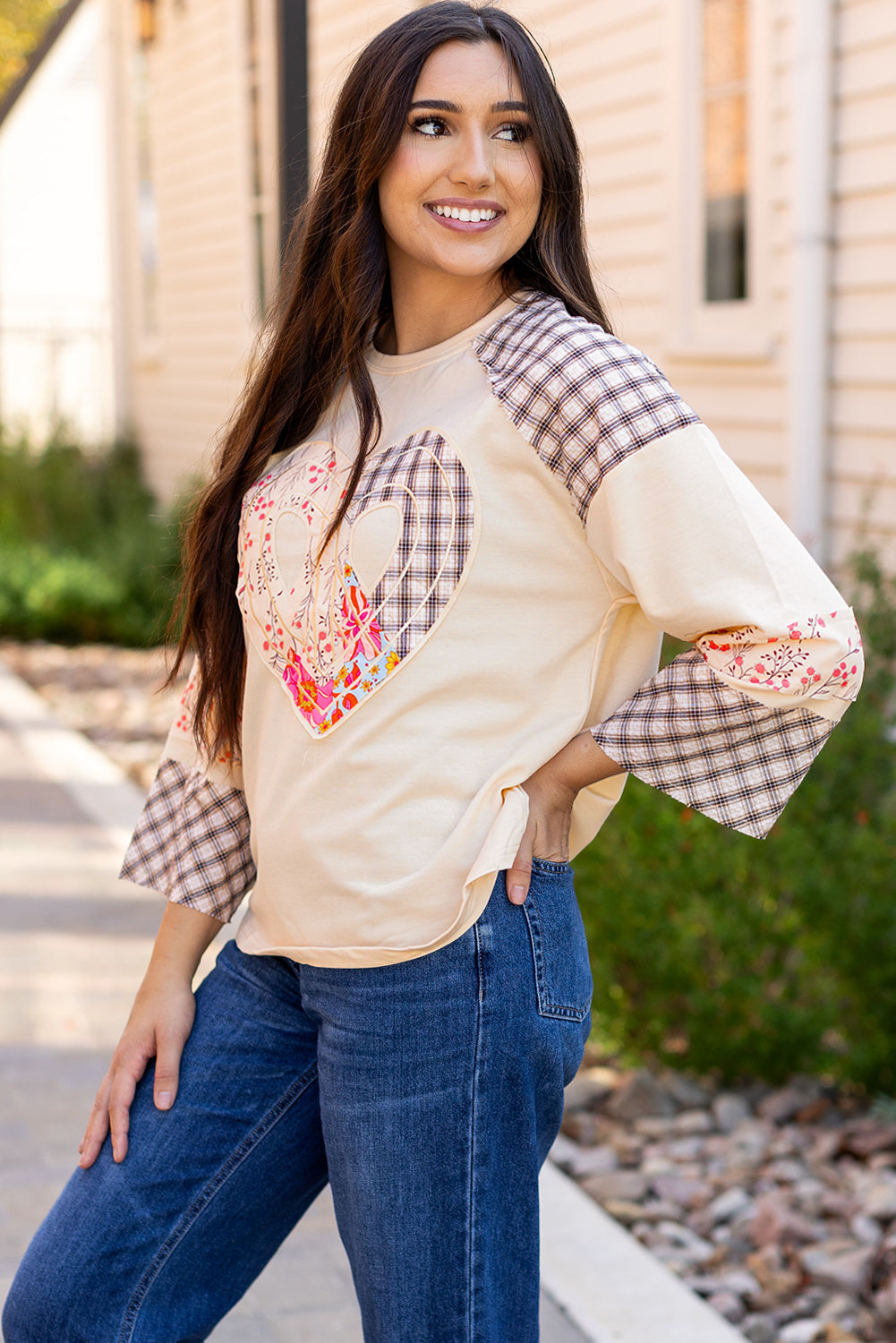 Emilia Plaid Floral Peace Heart Long Sleeve Top  DAME BOHEME