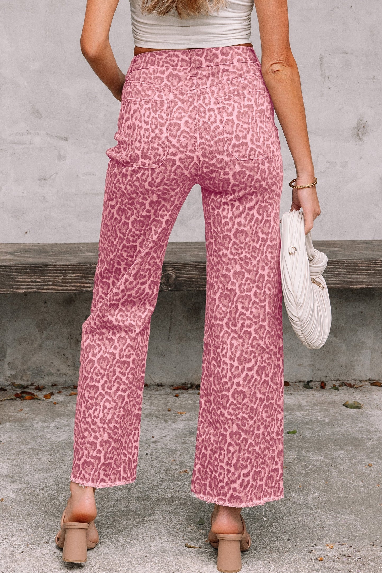 Gray Leopard Frayed Edge Wide Leg High Waist Jeans  DAME BOHEME