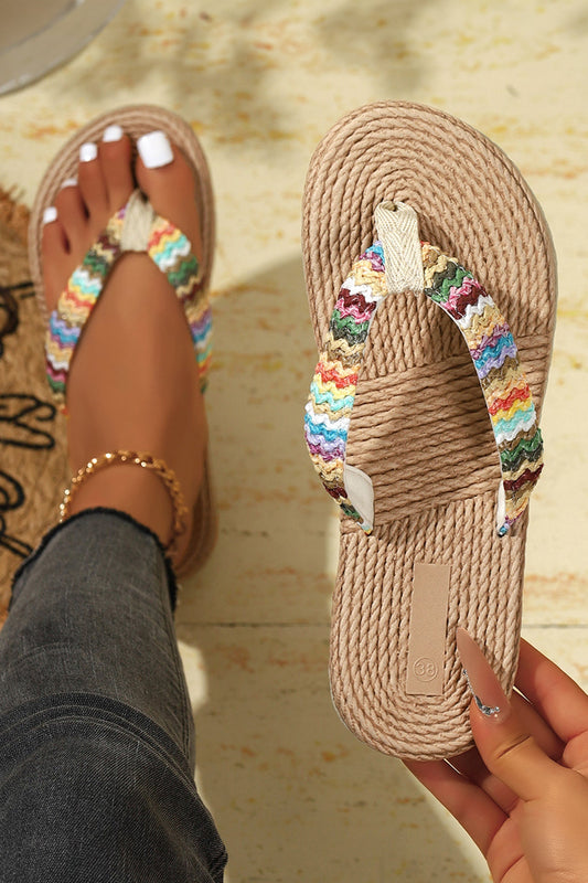 Khaki Bohemian Vacation Straw Woven Rainbow Strap Flip Flops  DAME BOHEME