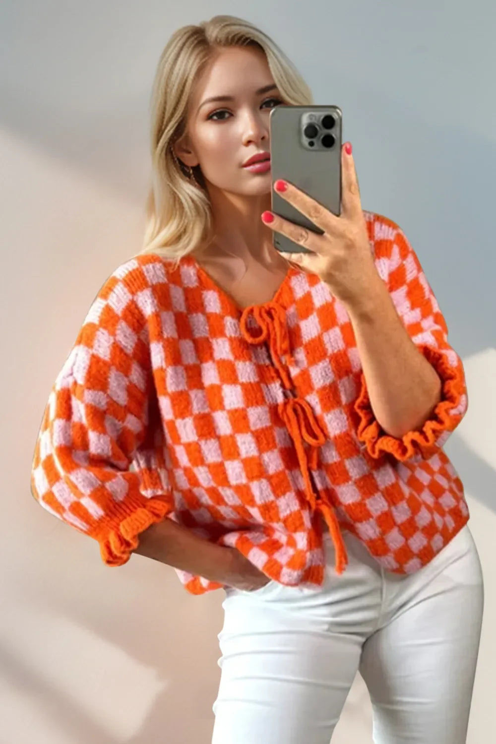 Double Take Tied Checkered Dropped Shoulder Flounce Sleeve Cardigan  DAME BOHEME