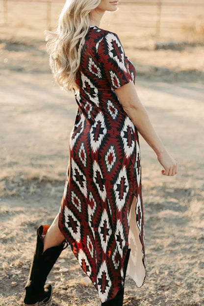 Aztec Print V-Neck Midi Dress Trendsi