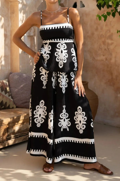 Printed Square Neck Cami and Wide Leg Pants Set Trendsi