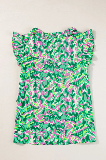 Abstract Print Ruffled Trim Tie Neck Top Simply Love