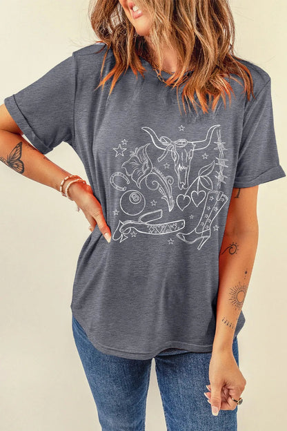Cowgirl Boots OX Head Western Graphic Crewneck Tee  DAME BOHEME