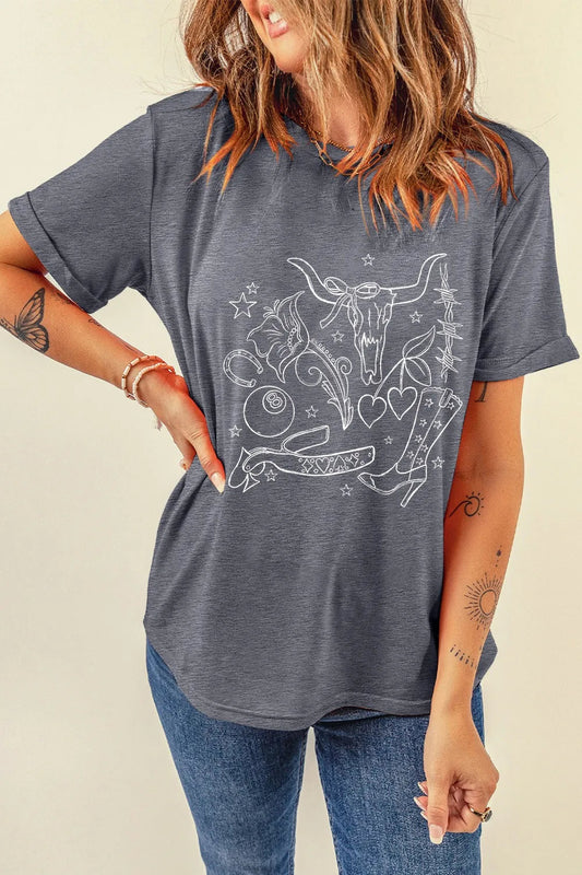 Cowgirl Boots OX Head Western Graphic Crewneck Tee  DAME BOHEME