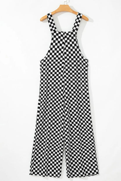 Checkered Print Pocketed Wide Leg Jumpsuit  DAME BOHEME