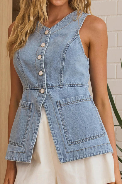 Sleeveless Button-Front Peplum Denim Vest Top Trendsi