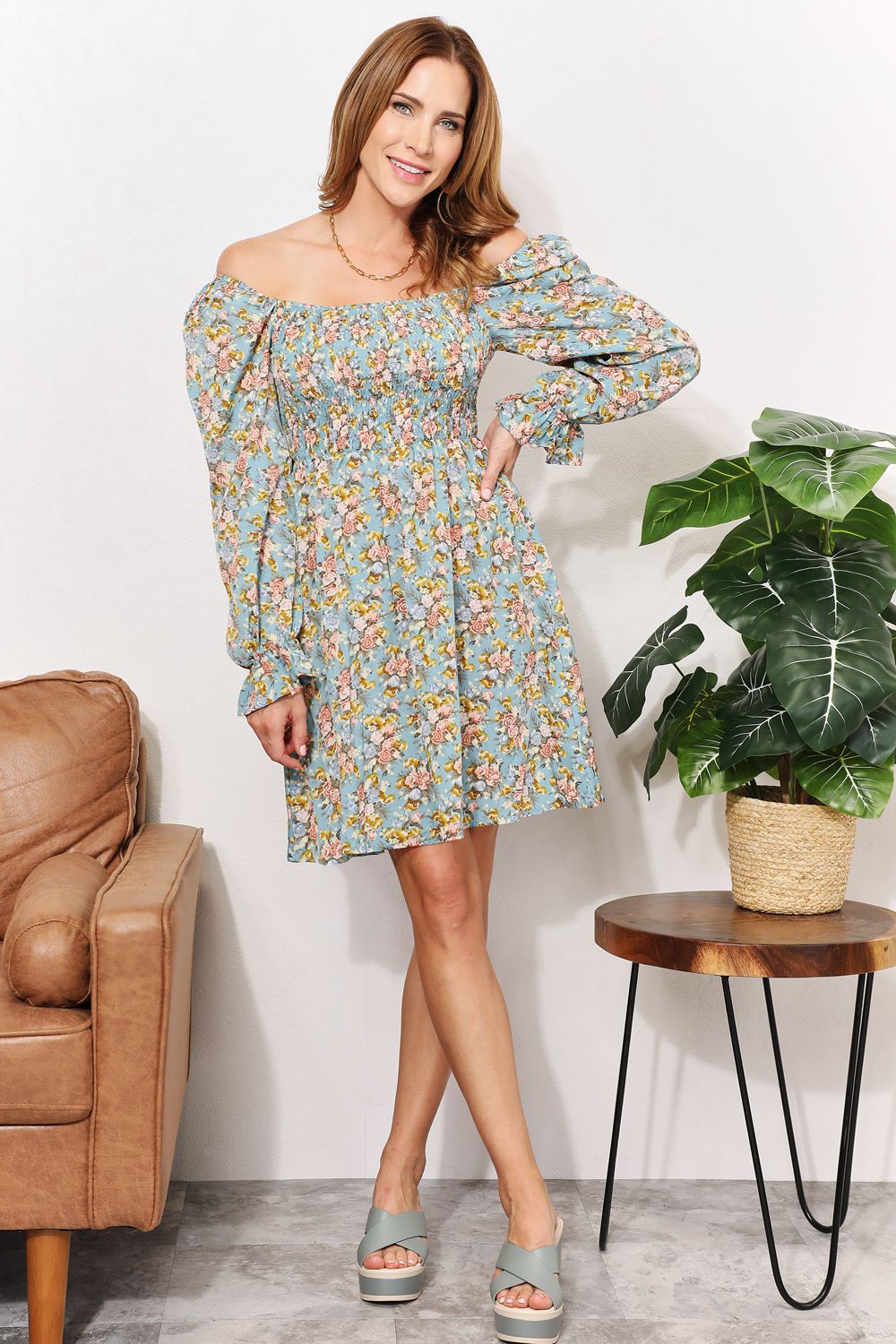 Honey Floral Smocked Flounce Sleeve Square Neck Mini Dress Trendsi