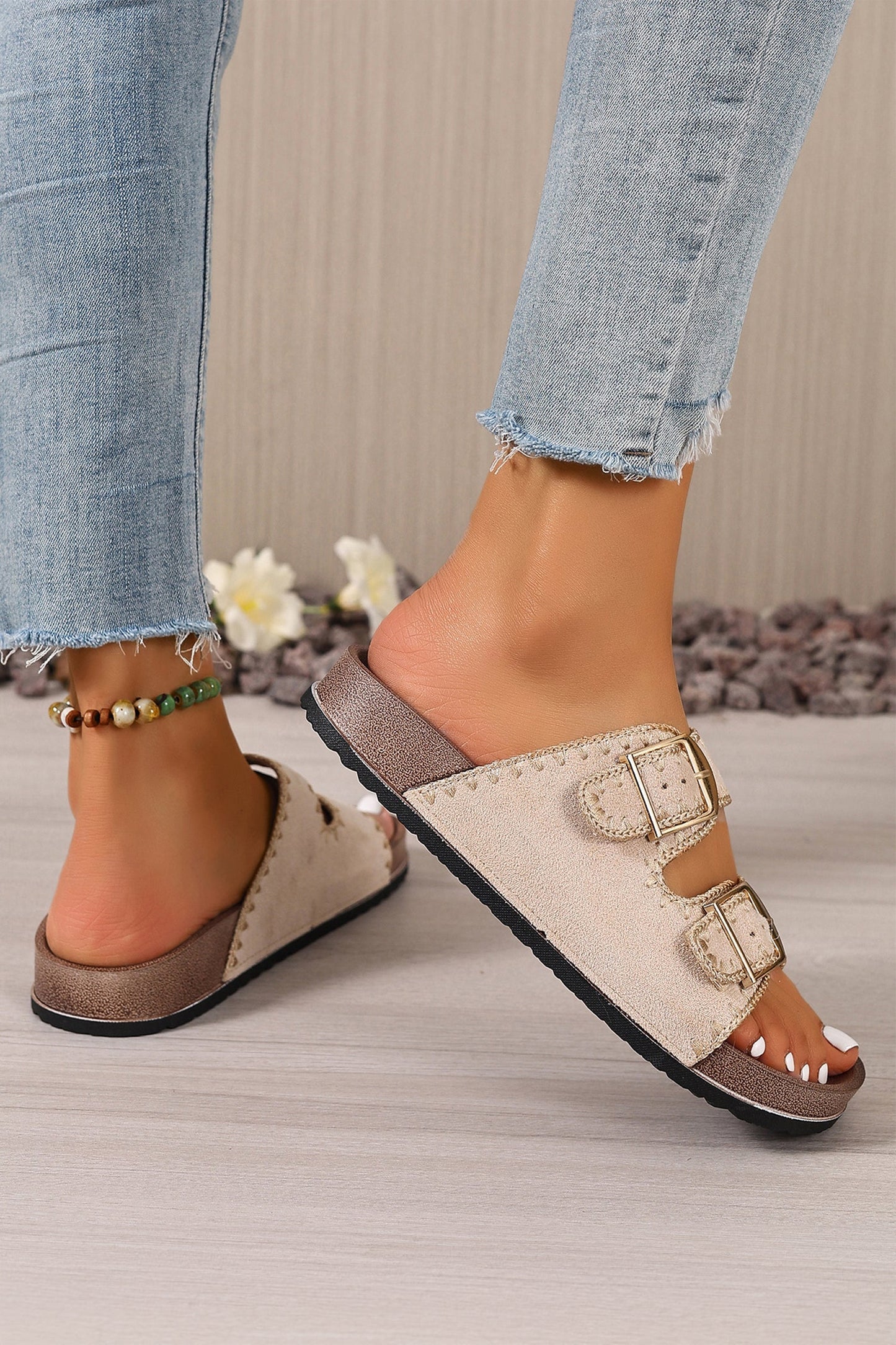 Camel Embroidered Trim Retro Buckle Faux Suede Slippers  DAME BOHEME
