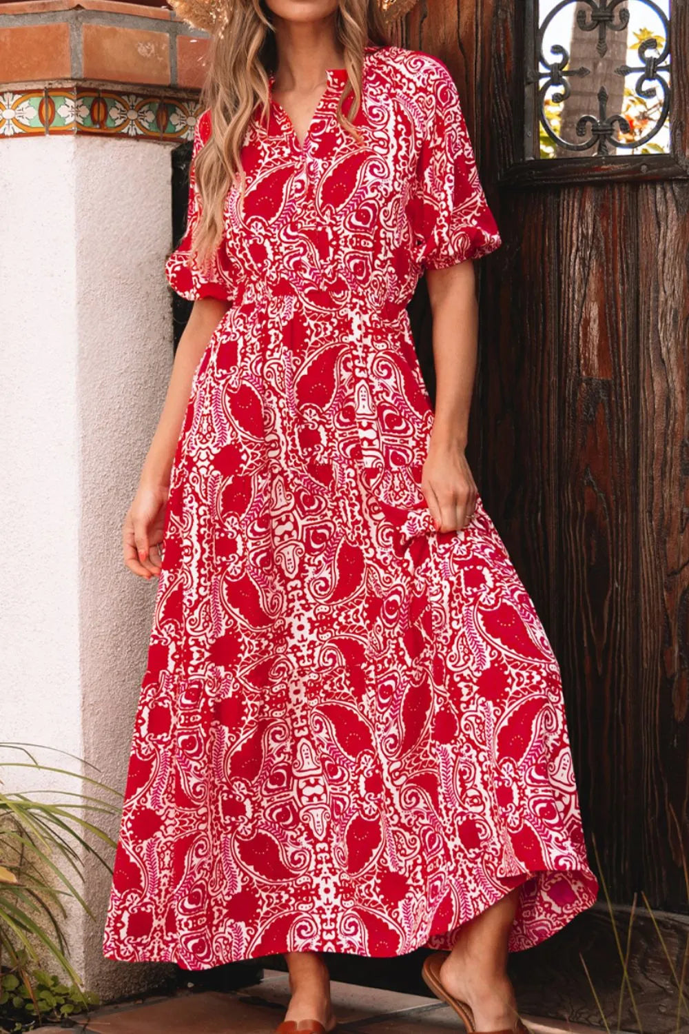 Paisley Print Side Slit Puff Sleeve High Waist Maxi Dress  DAME BOHEME