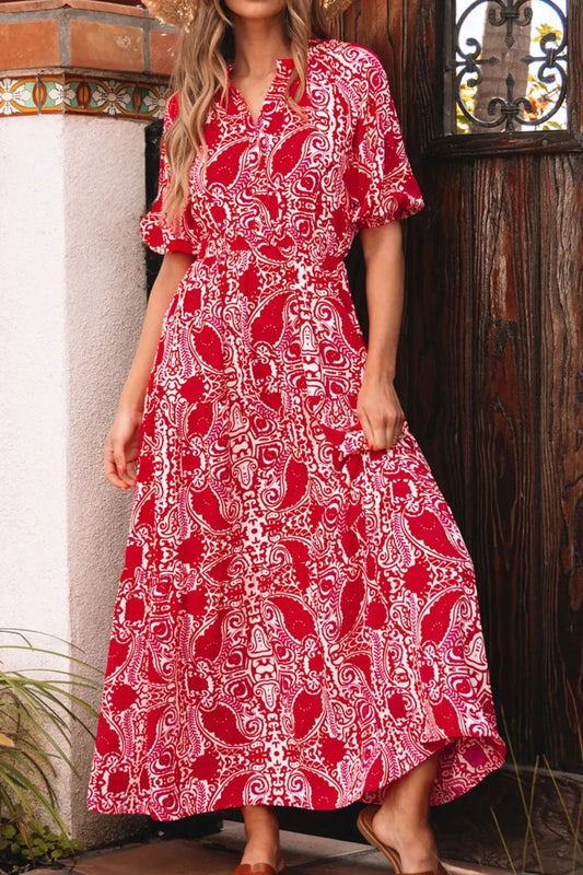Paisley Print Side Slit Puff Sleeve High Waist Maxi Dress  DAME BOHEME