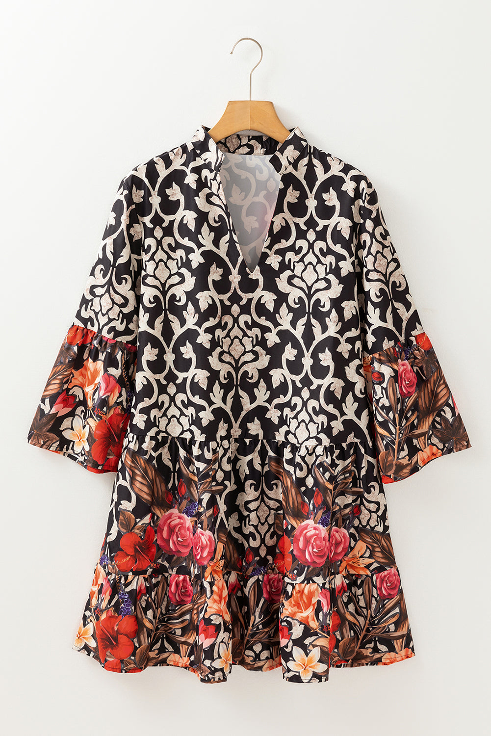 Black Retro Floral Mixed Print Split Neck A-line Dress  DAME BOHEME