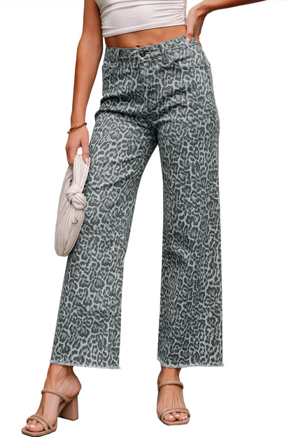 Gray Leopard Frayed Edge Wide Leg High Waist Jeans  DAME BOHEME