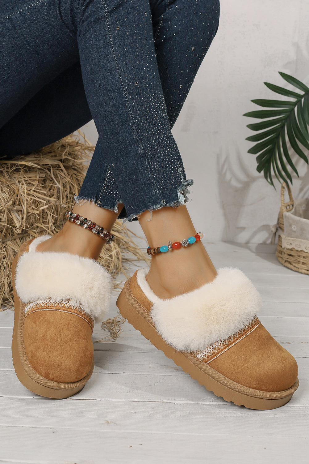 Camel Suede Fuzzy Winter Warm Platform Slippers  DAME BOHEME