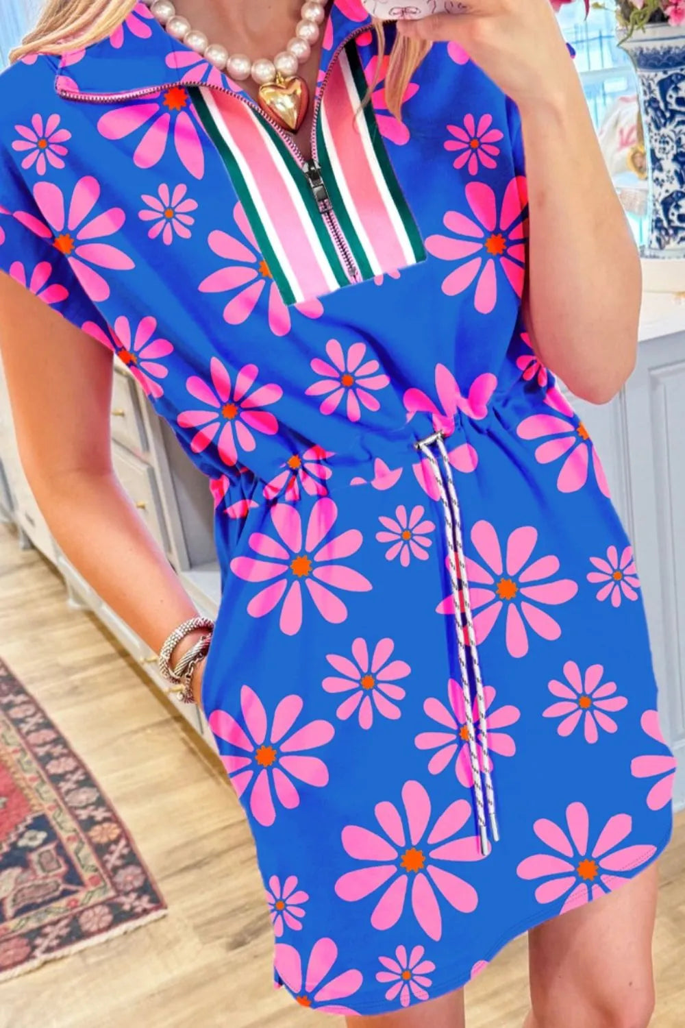 Floral Print Zip Collar Drawstring Summer Mini Dress Trendsi