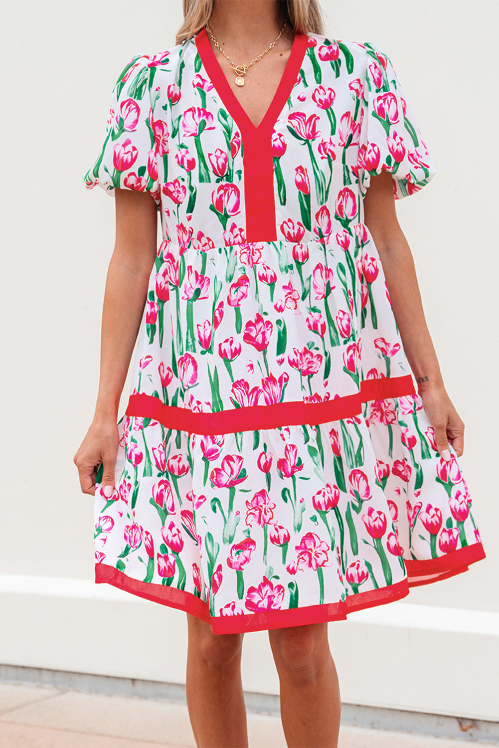 Pink Floral Print Contrast Trim V Neck Bubble Short Sleeve Babydoll Dress  DAME BOHEME