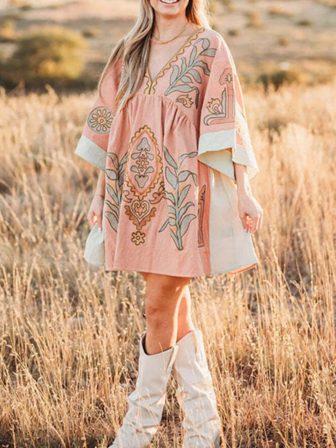 Printed V-Neck Kimono Sleeve Mini Dress Trendsi