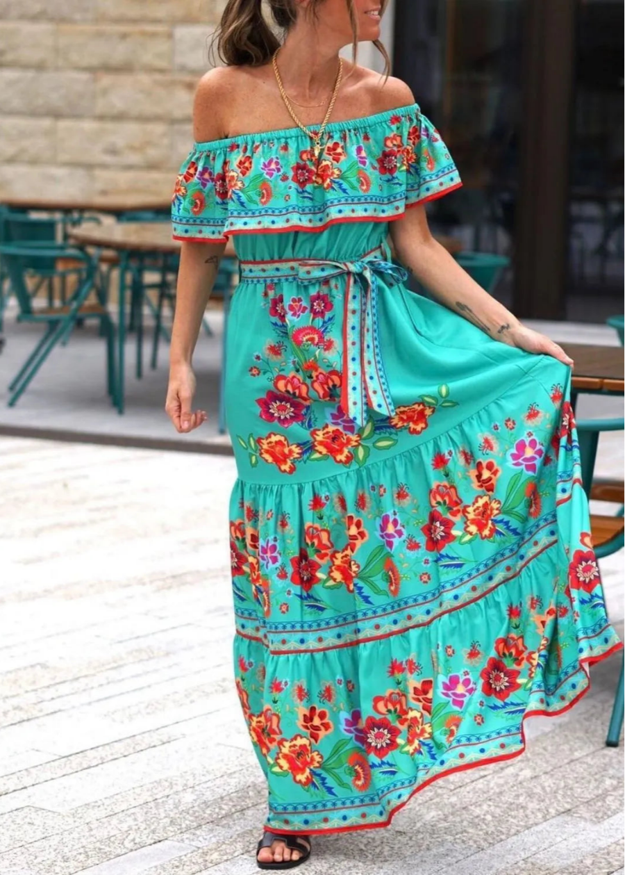 Floral Off Shoulder Ruffle Maxi Dress Trendsi
