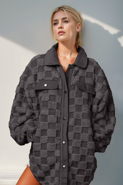 Double Take Button Up Fuzzy Checkered Shacket  DAME BOHEME