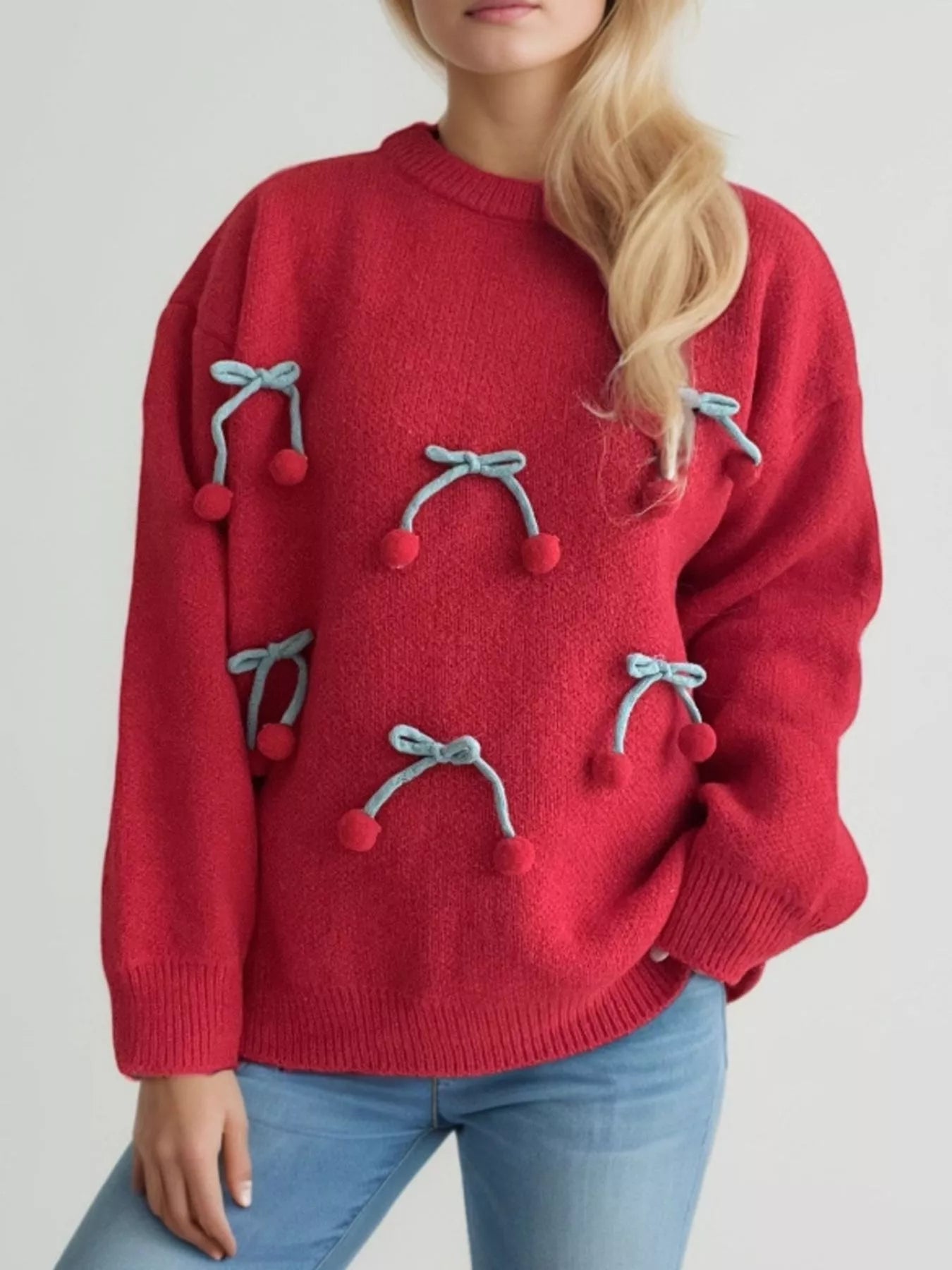 Cherry Pom-Pom Knit Round Neck Sweater  DAME BOHEME