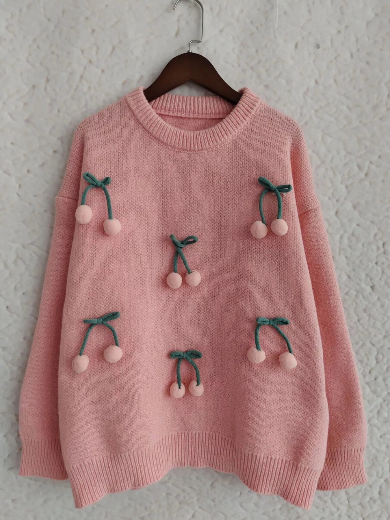 Cherry Pom-Pom Knit Round Neck Sweater  DAME BOHEME