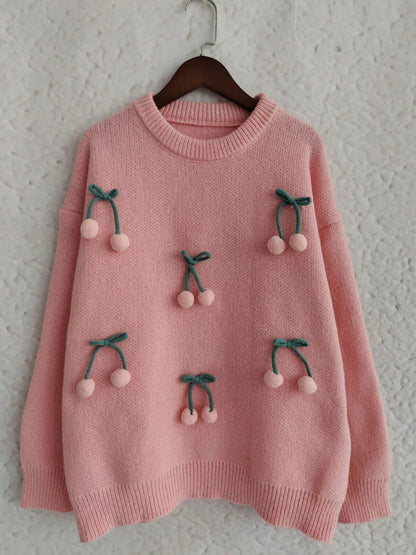 Cherry Pom-Pom Knit Round Neck Sweater  DAME BOHEME
