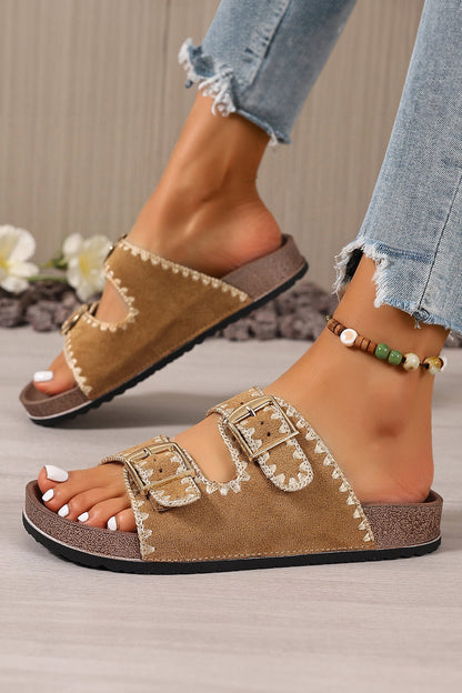 Camel Embroidered Trim Retro Buckle Faux Suede Slippers  DAME BOHEME