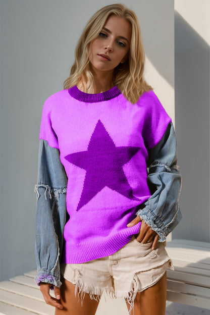 Double Take Full Size Star Pattern Raw Edge Long Sleeve Sweater  DAME BOHEME