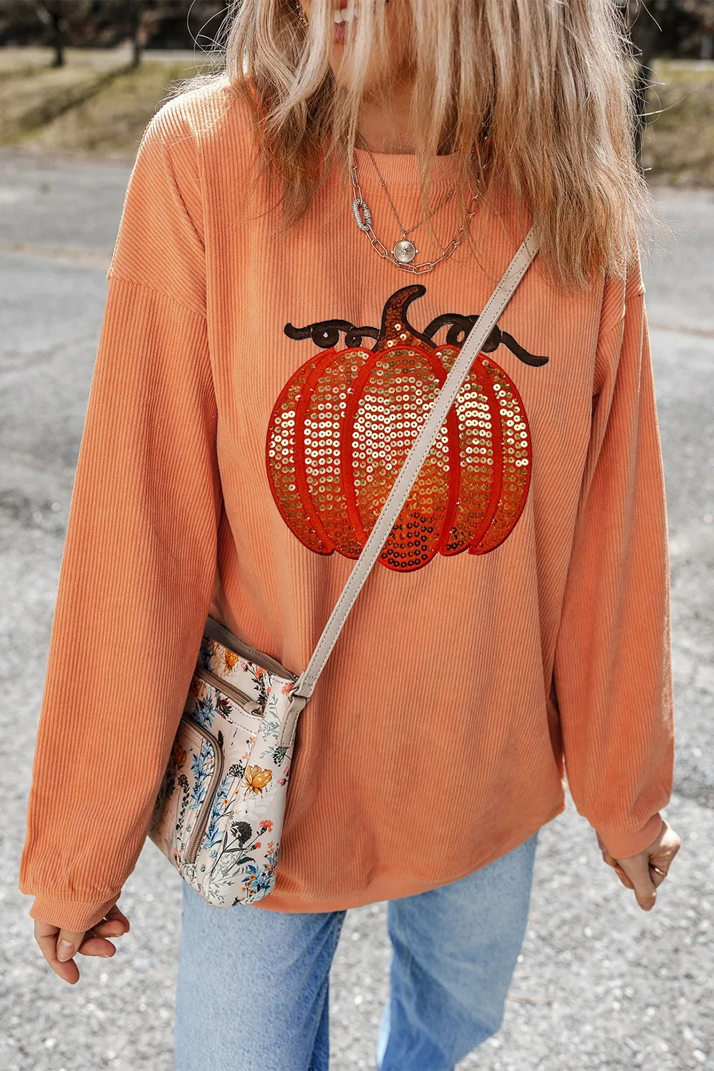 Sequin Pumpkin Round Neck Long Sleeve Sweatshirt  DAME BOHEME