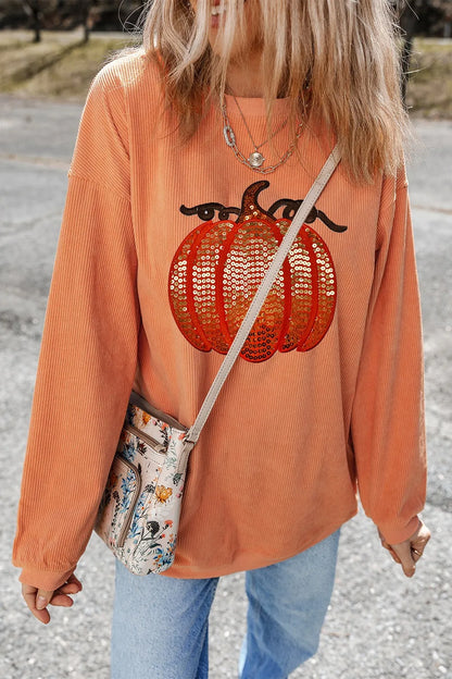 Sequin Pumpkin Round Neck Long Sleeve Sweatshirt  DAME BOHEME