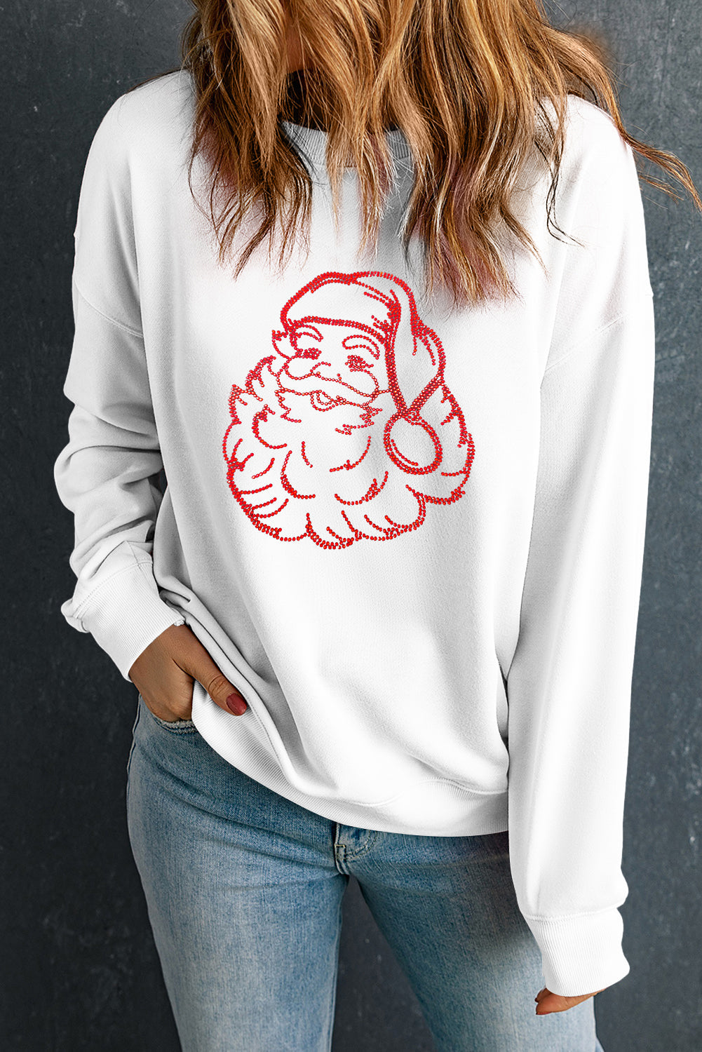 White Father Christmas Rhinestone Graphic Drop Shoulder Sweatshirt  DAME BOHEME