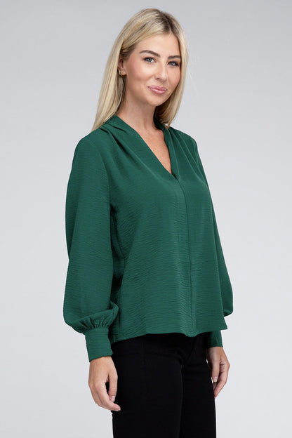 Woven Airflow V-Neck Long Sleeve Top ZENANA