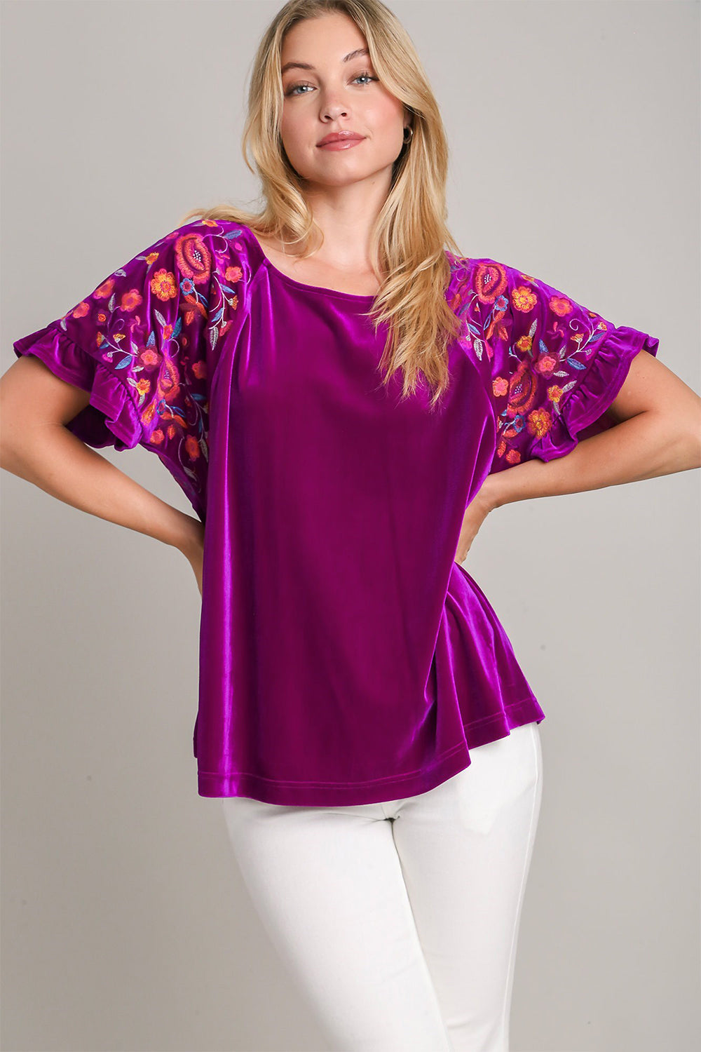 Umgee Full Size Velvet Embroidery Short Sleeve Blouse Trendsi