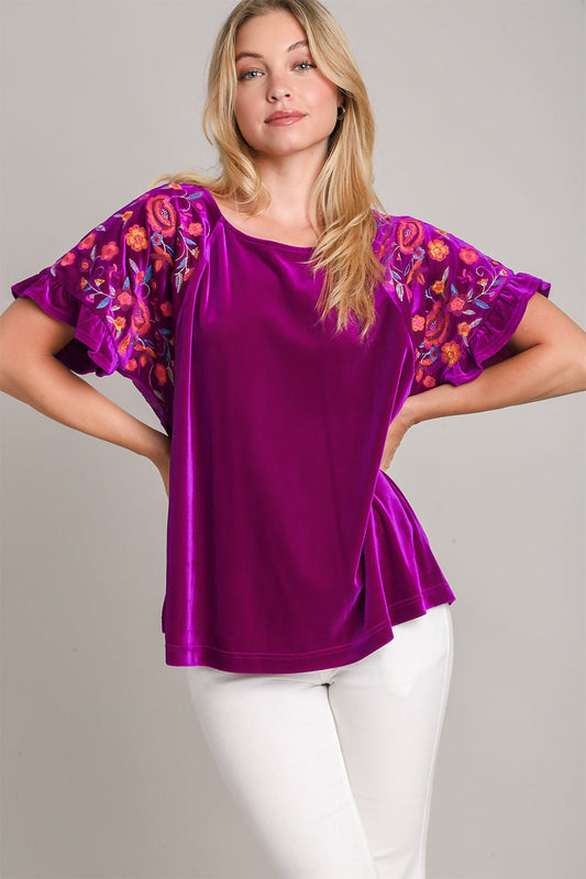 Umgee Full Size Velvet Embroidery Short Sleeve Blouse Trendsi