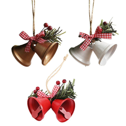Christmas Bell Ornament Metal Dual Bell Christmas Bell Ornament Decoration with Berry Plaid Bow Christmas Tree Pendants For Making Wind Chimes Christmas Tree Hang Pendant Hang On Door wall porch  DAME BOHEME