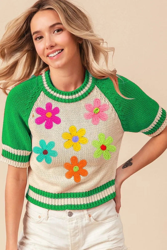 BiBi Crochet Flower Patches Striped Rib Band Sweater Trendsi