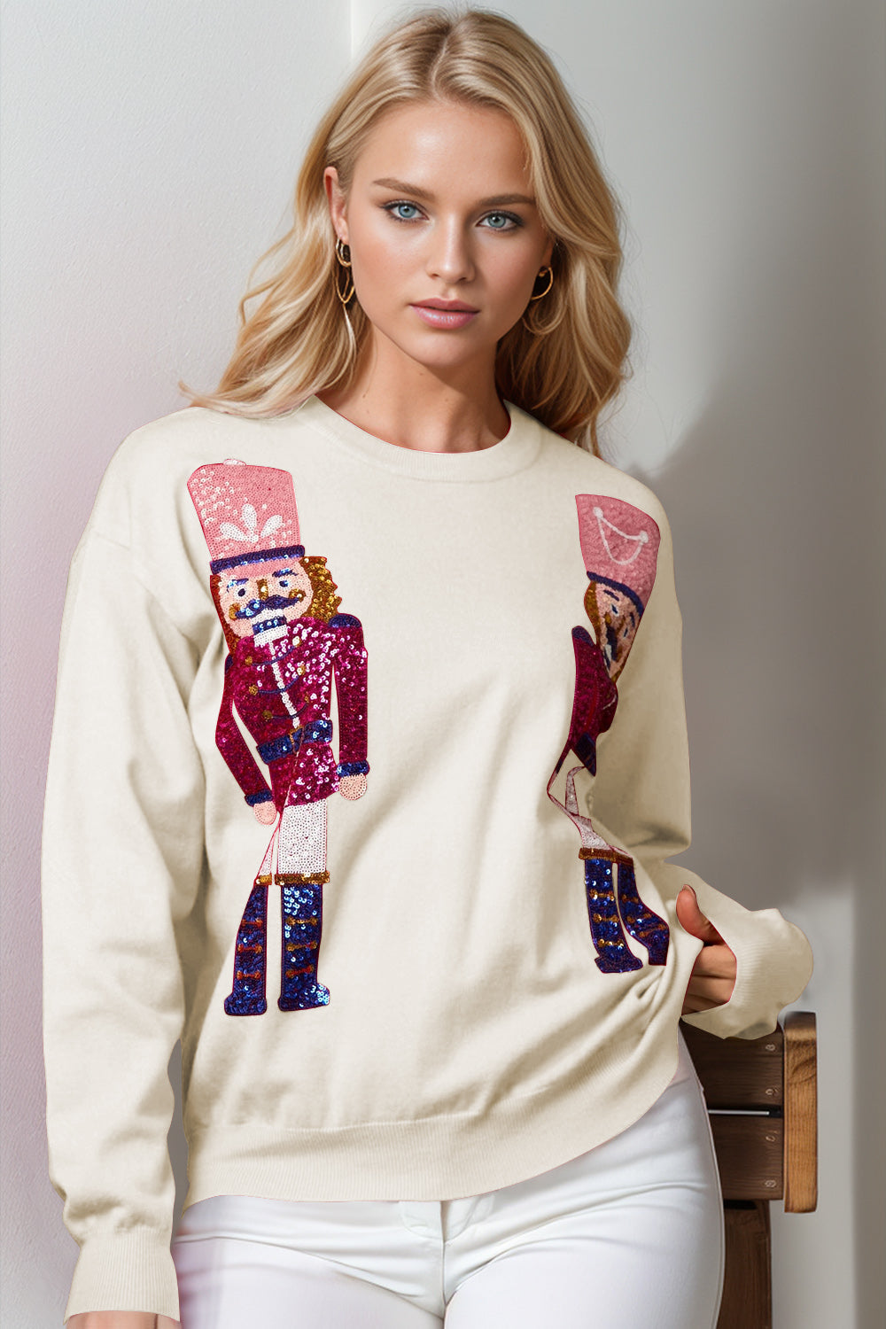 Double Take Full Size Nutcracker Sequin Long Sleeve Sweater  DAME BOHEME