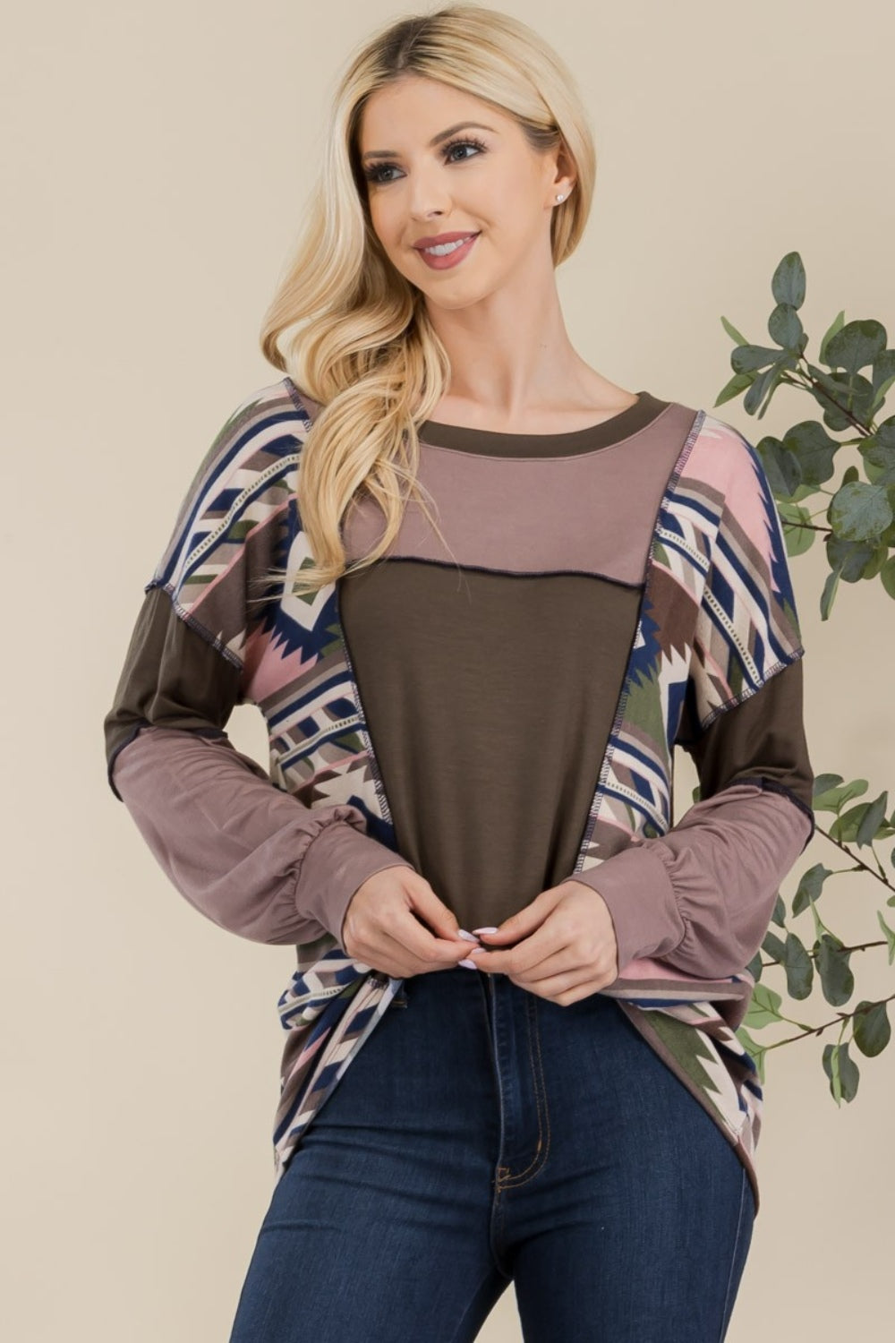 Celeste Full Size Exposed Seam Printed Color Block T-Shirt Blouse