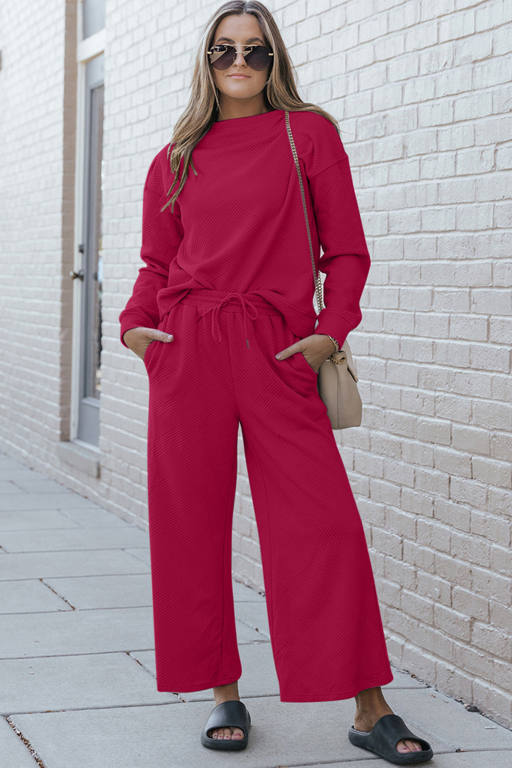 Double Take Full Size Textured Long Sleeve Top and Drawstring Pants Set  DAME BOHEME