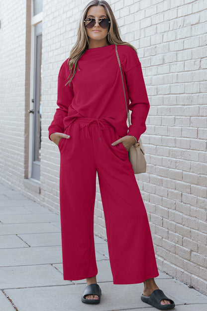 Double Take Full Size Textured Long Sleeve Top and Drawstring Pants Set  DAME BOHEME