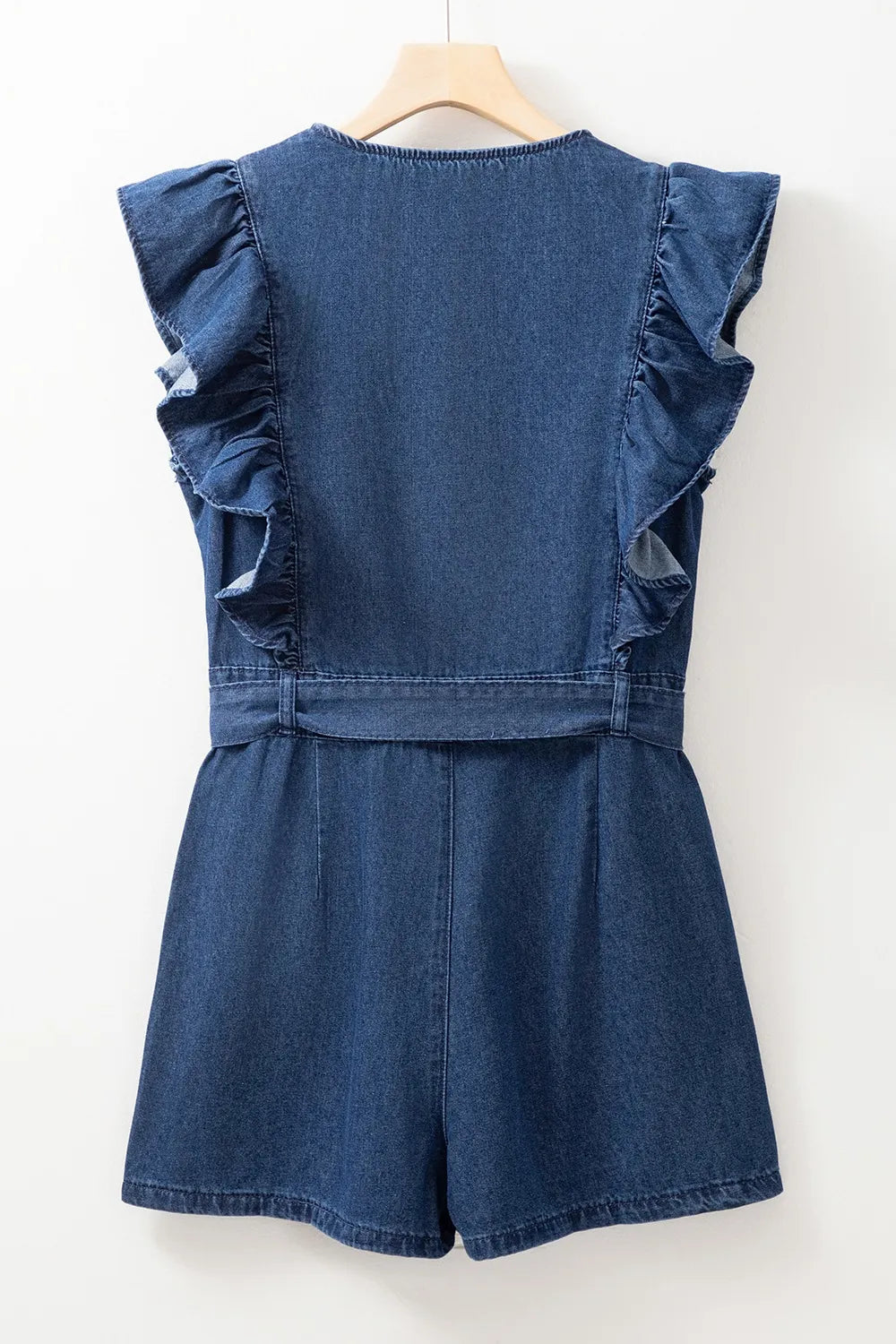 Denim Ruffled Zipped Front Belted Romper Trendsi