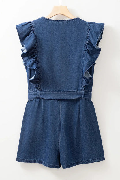 Denim Ruffled Zipped Front Belted Romper Trendsi